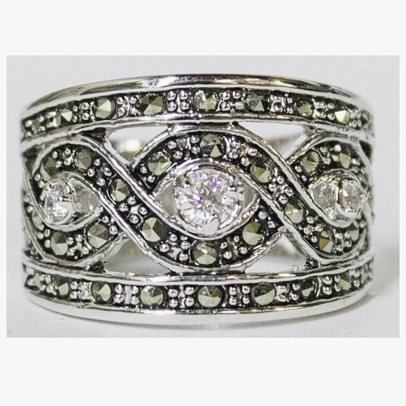 None Jewelry - Women’s Rhodium Plated Marcasite & Cubic Zirconia Fashion Ring Size 8.5
